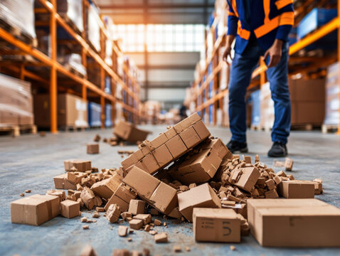 Close up of broken cardboard boxes spilled on warehouse floor with worker in safety jacket standing in background