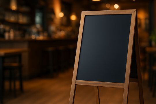Blank blackboard menu stand in a cozy restaurant or cafe setting. Perfect mockup for advertising specials, daily menus, or promotional text