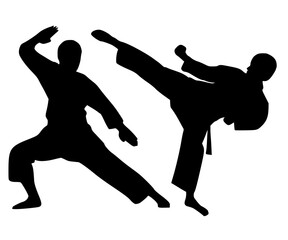 Silhouettes of two martial artists in combat poses. This striking graphic is perfect for designs related to self-defense, fitness, martial arts, karate, or competition.