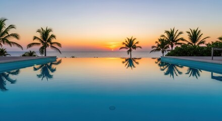Fototapeta premium Serene Sunset Pool: Tranquil turquoise water reflects a mesmerizing sunset over a calm ocean, framed by silhouetted palm trees. It's a postcard-perfect depiction of peace and paradise.