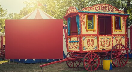 Colorful circus wagon and large red backdrop in a sunny outdoor setting.