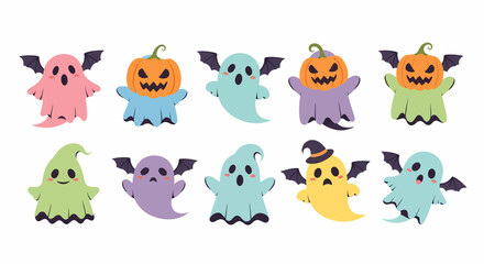 Naklejka premium Delightful and whimsical collection of hand drawn cartoon flying ghost characters, including cute spooks and pumpkin-headed spirits, ideal for Halloween and autumn holiday designs