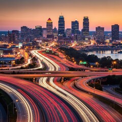 Obraz premium Kansas City Lights: A dynamic skyline over illuminated highway networks