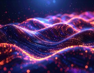 Futuristic Data Stream Visualization: Glowing Nodes and Waves