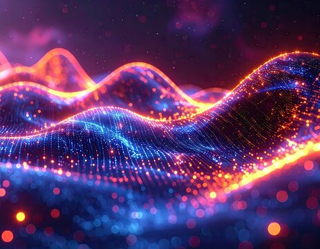 Futuristic Data Visualization: Red Orange Blue Light Trails and Digital Streams