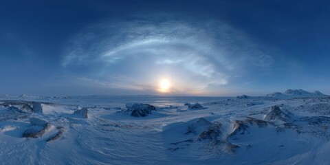 Hdr panoramic sunrise over icy landscape