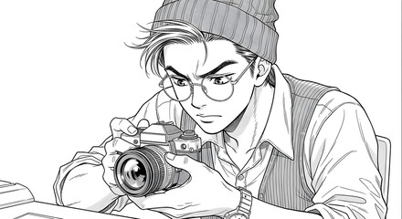 Young photographer focuses intensely on vintage camera, capturing creative vision with passion and precision.