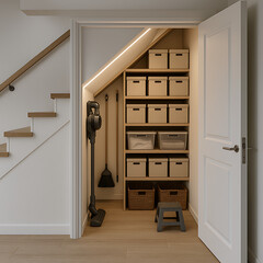 Well-organized storage space under the stairs with shelves, boxes, and cleaning supplies in a modern home