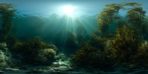 Fototapeta premium Underwater hdr panorama of kelp forests in oceanic depths luminous sunrays vibrant marine life tranquil atmosphere