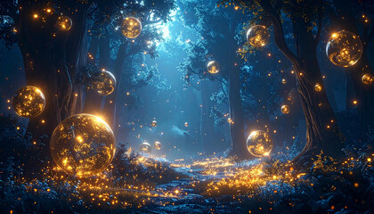 Enchanted forest path illuminated by glowing orbs and fireflies at night fantasy