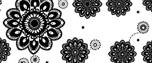 Ornamental round dotted flowers, black halftone mandalas, geometric circles, white background,  modern,  black