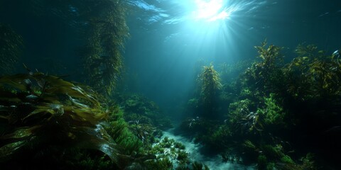 Fototapeta premium Underwater exploration ocean depths hdr panoramic view lush marine environment serene atmosphere