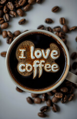 Top view of a white cup of coffee, with the letters "I love coffee" made from marshmallows on the surface of the coffee.
