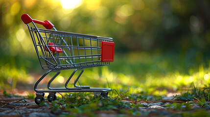 Miniature shopping cart in park at sunset, blurred background