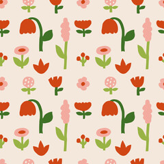 Seamless floral vector pattern with abstract flowers and leaves in flat hand drawn style. Decorative botanical background with simple colorful garden plants for textile, wallpaper, wrapping paper.