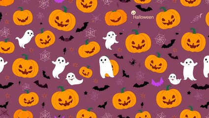 Seamless Halloween Pattern with Pumpkins, Ghosts, and Bats