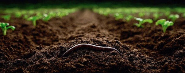 Fototapeta premium Agricultural growth showing benefits of healthy soil concept. A worm thriving in rich soil amongst young green plants.