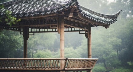 Close-up of Bamboo Pavilion in the Rain