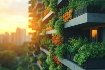 Fototapeta premium Urban Vertical Garden with Bright Greenery at Sunset
