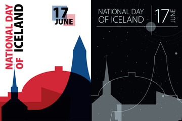 Obraz premium Iceland National Day poster pack. Vector illustrations with Reykjavik city skyline and landmarks shape for holiday card, print, event, brochure. Modern template