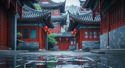 Red-walled courtyard in the rain