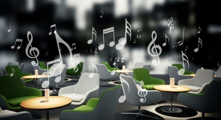 Music Cafe Interior with Floating Musical Notes, Modern Design