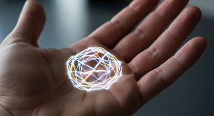Hand holding glowing digital sphere future technology concept art