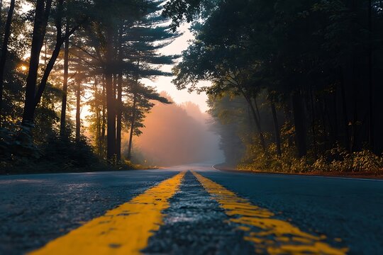 Embark on a breathtaking journey down a misty forest road bathed in the warm glow of sunrise, promising adventure and tranquility.