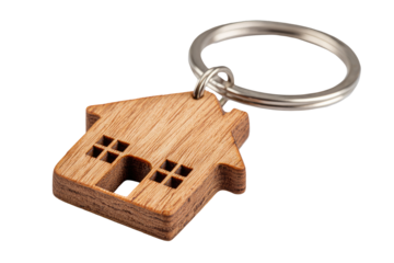 Wooden house-shaped keychain, light brown wood, metal ring
