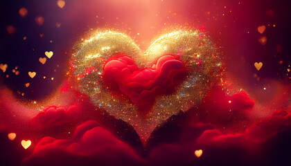 Obraz premium Glittering Golden Heart Embracing a Red Heart with Fiery Clouds love romance