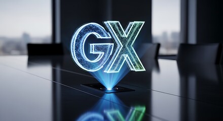 Gx logo hologram projection in a futuristic conference room setting