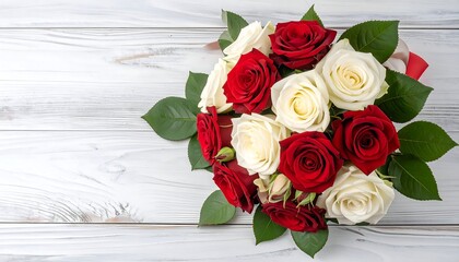 Red and white roses bouquet on wood