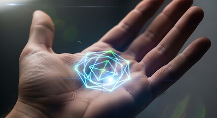Hand holding glowing geometric shape technology innovation concept