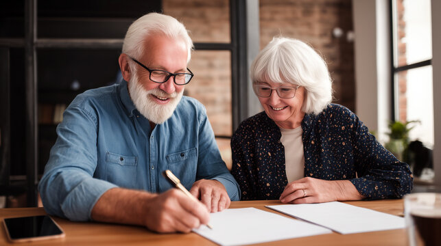 Happy elderly couple signing contract for new house, real estate or retirement plan concept.