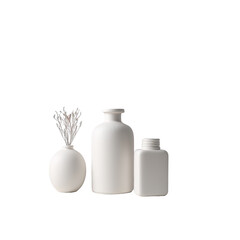 Three white ceramic vases, minimalist style.  Small, round vase,  medium, rounded bottle, and slightly larger square bottle.  Dried flower in center.  Simple, elegant arrangement