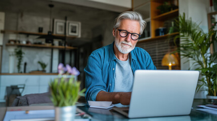 Senior man, wearing glasses, using laptop at home office, modern interior, technology adoption. Relax mood.