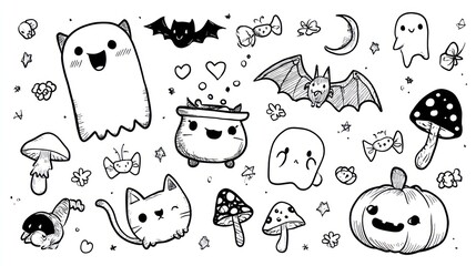 Whimsical black and white Halloween doodles