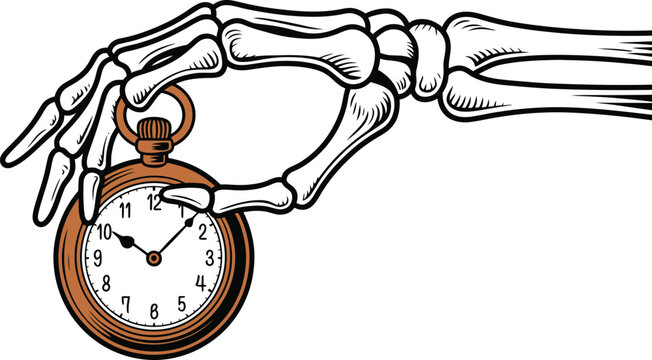Skeleton hand holding antique pocket watch bone