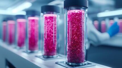 Wide panoramic shot of futuristic cultured meat laboratory with bioreactors and glowing glass containers.