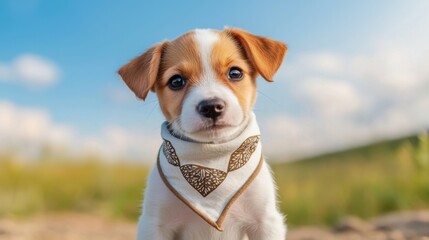 Adorable puppy wearing scarf in outdoor park setting with vibrant blue sky and soft clouds in background