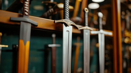 Collection of various swords displayed on wooden rack in antique shop with a blurred background and soft lighting