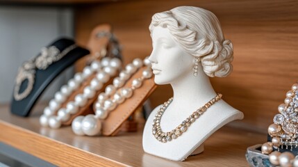 Elegant Jewelry Display with Necklace and Pearl Collection on Decorative Bust against Wooden Background