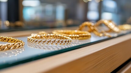 Exquisite Display of Gold Chains in Jewelry Showcase with Blurred Background and Elegant Lighting
