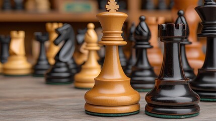 Elegant Wooden Chess Pieces on a Rustic Table with Black and Brown Contrast in a Cozy Game Room