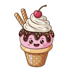 A delightful strawberry ice cream cone with a cherry on top sits isolated on a white background, a delicious summer treat