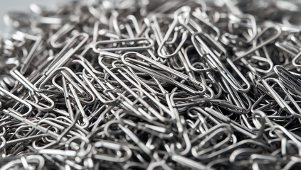 Close-up view of a large pile of shiny metal paperclips, creating a textured background