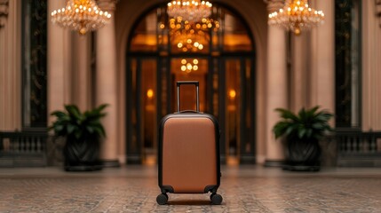 Stylish travel suitcase in luxurious hotel lobby with elegant chandeliers and greenery around