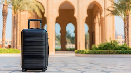 Stylish black suitcase on the walkway amid architectural arches and palm trees in vibrant outdoor setting