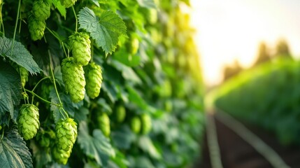 Lush Green Hop Fields at Sunset with Vibrant Hops Ready for Harvesting in Agricultural Landscape