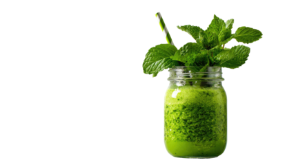 Fresh green smoothie in a mason jar, garnished with mint leaves and a straw